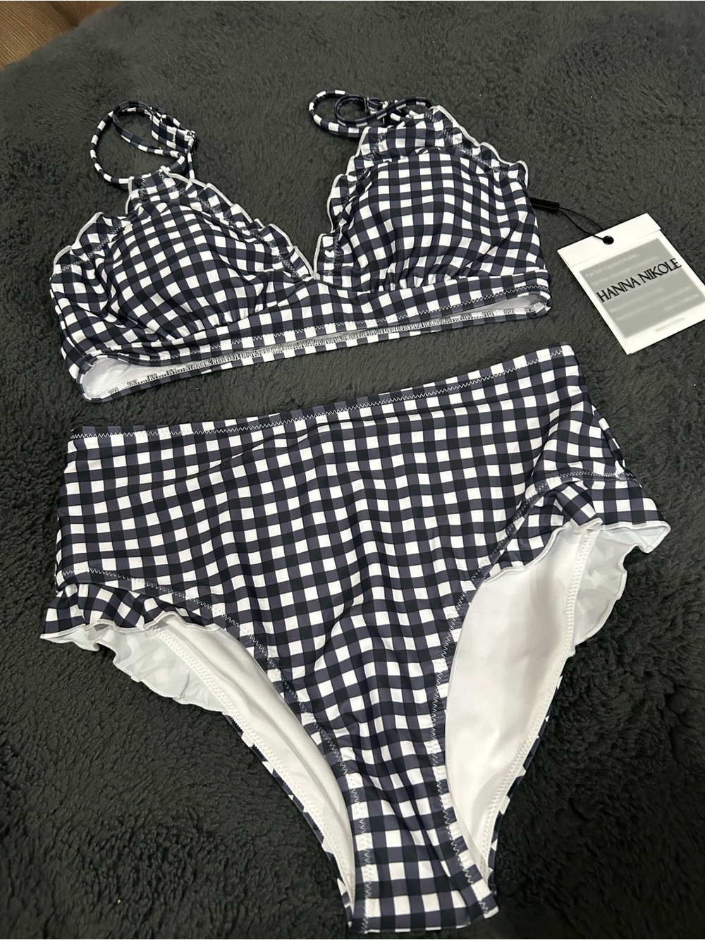 Hanna Nikole Black & White Gingham Ruffle Bikini Set NWT